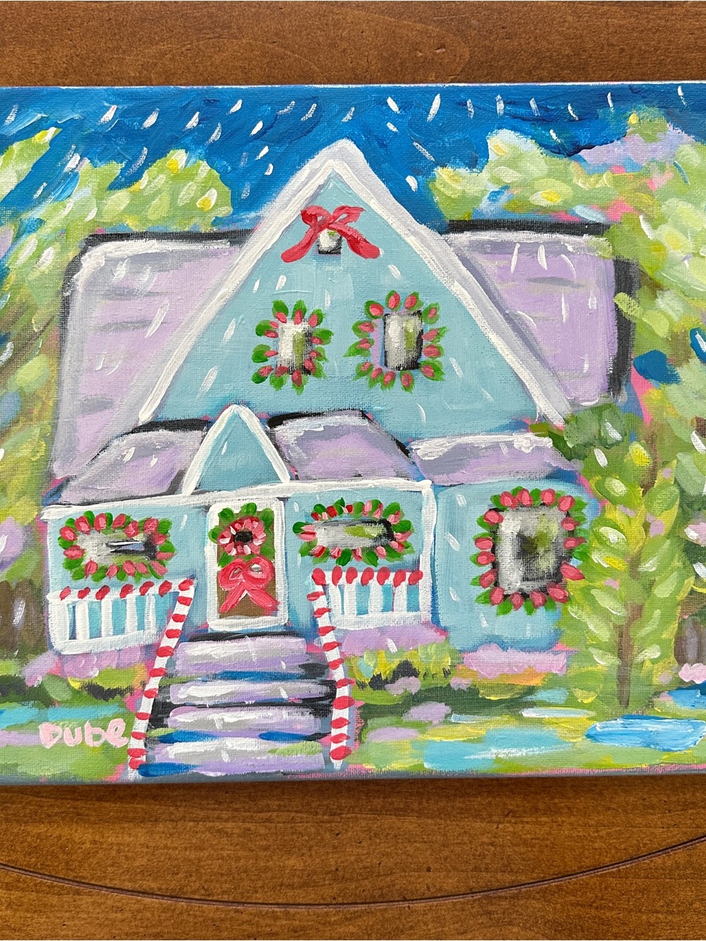 Original Painting Holiday Home Light Blue Cottage Red Holiday Wreaths 11x14"